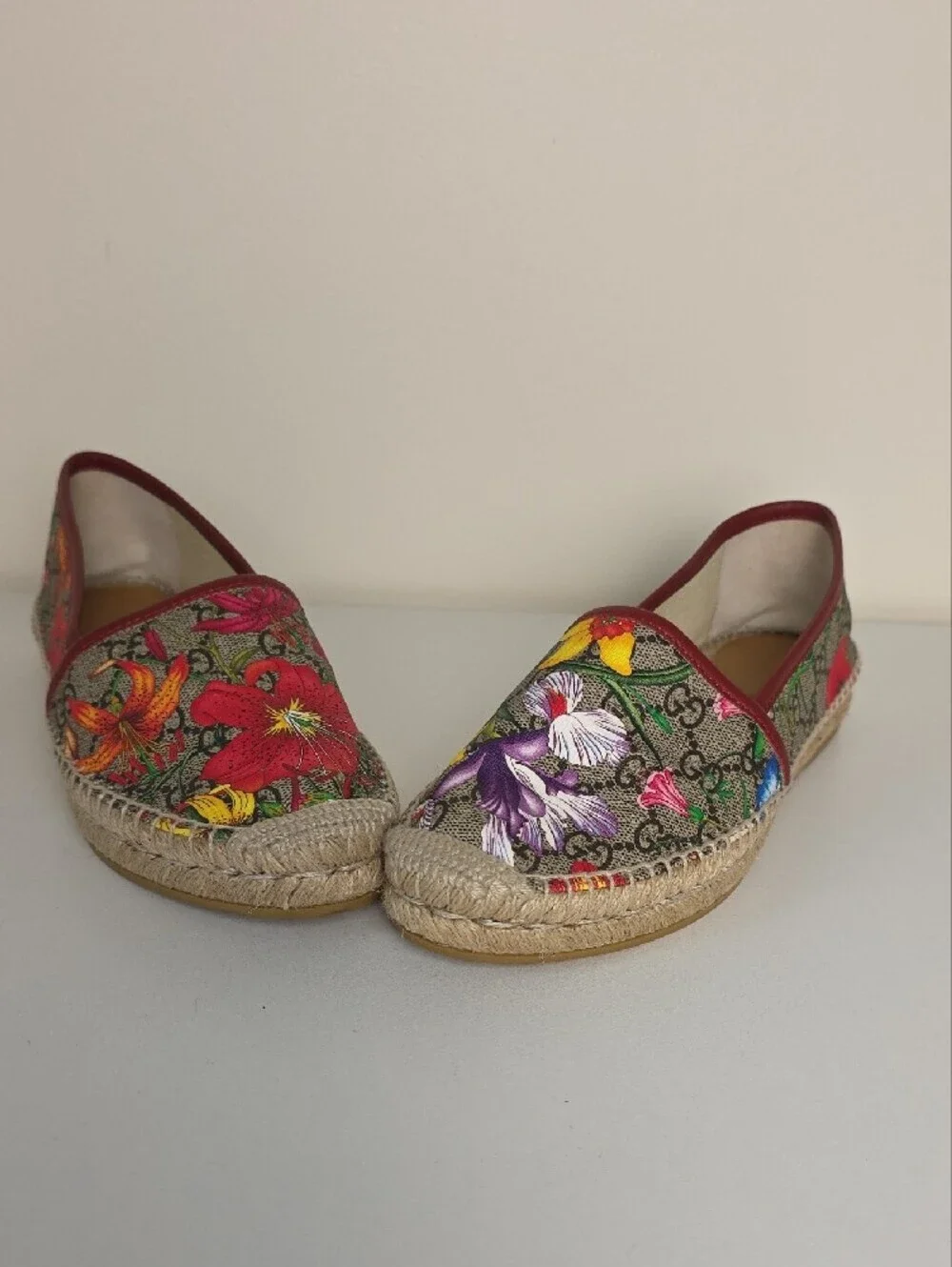 Gucci GG Floral Canvas Espadrilles - Red, Yellow, Purple, Green. Size 37 1/2